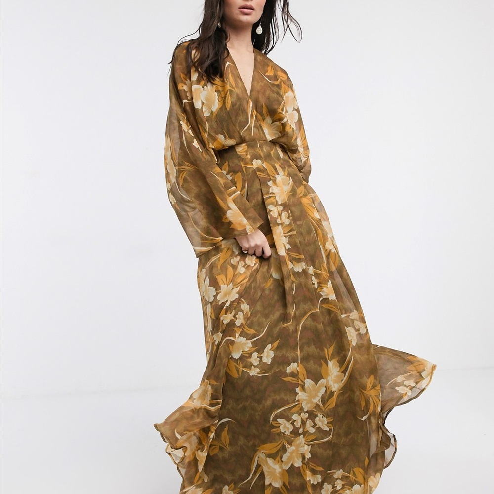 ASOS Brown and Gold Wrap Gown with Dolman Sleeves
